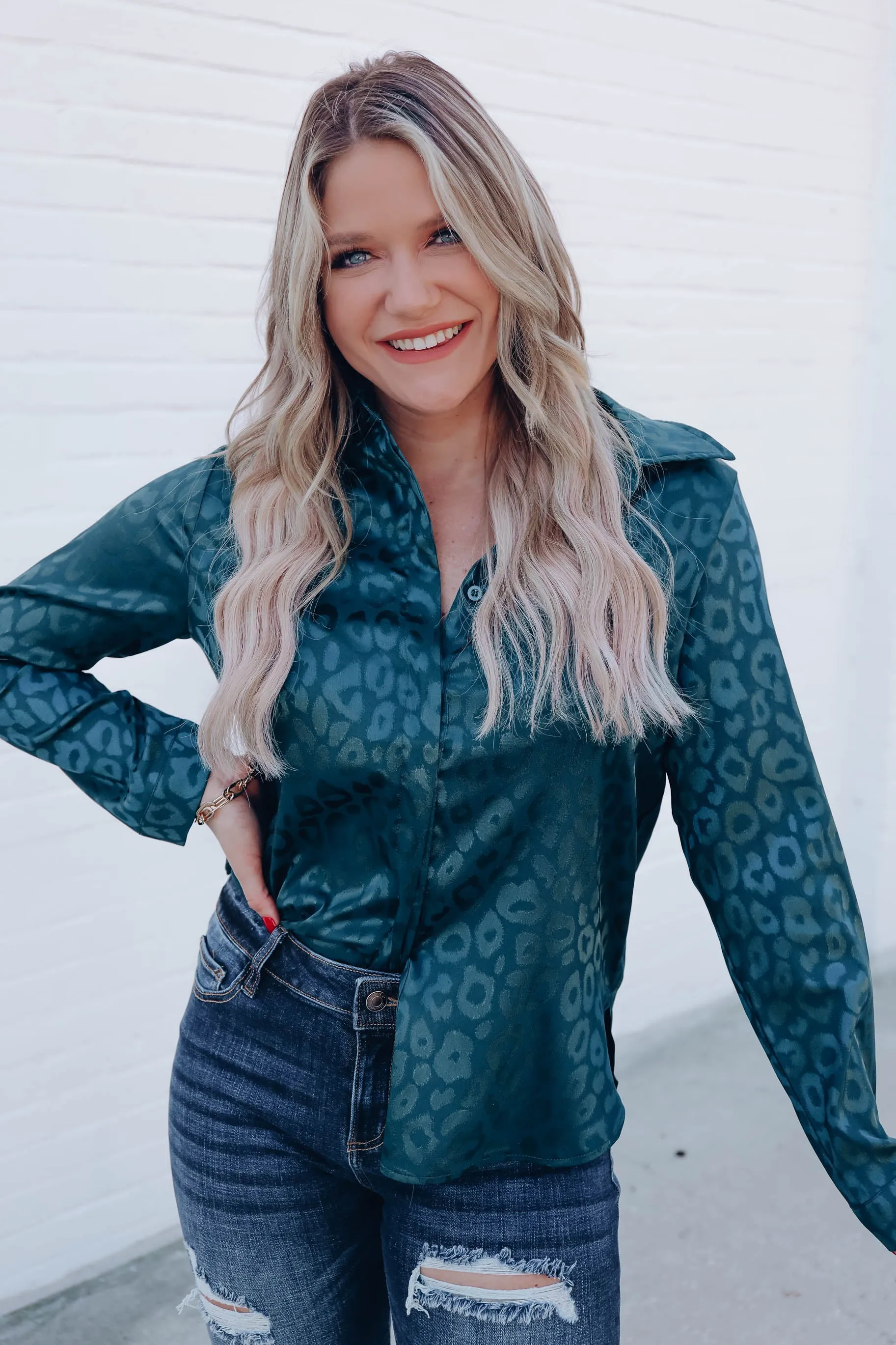 Micah Embossed Leopard Blouse - Green
