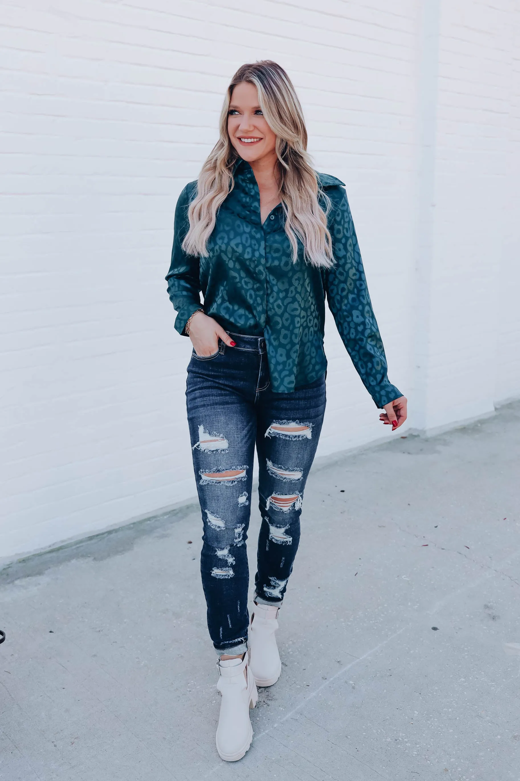 Micah Embossed Leopard Blouse - Green