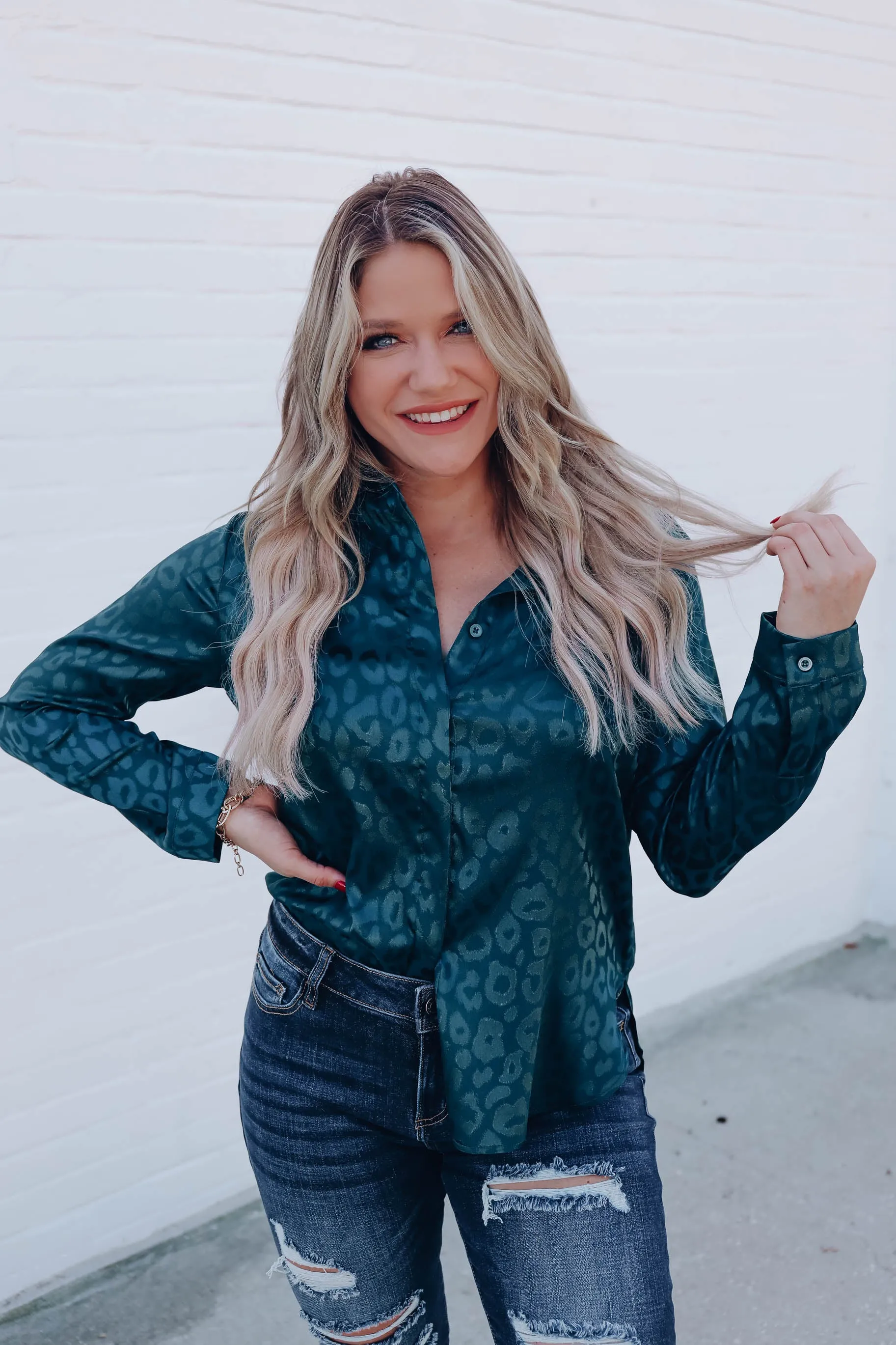 Micah Embossed Leopard Blouse - Green