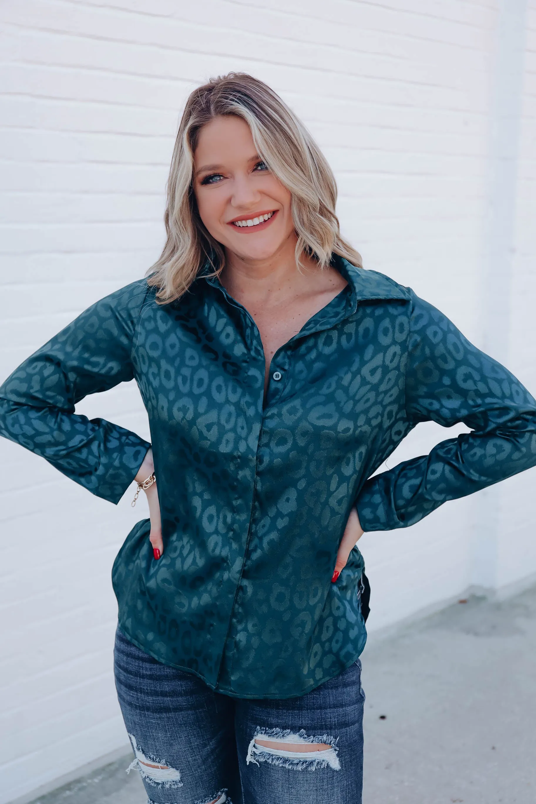 Micah Embossed Leopard Blouse - Green