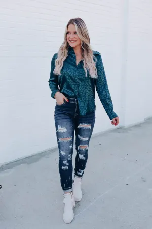 Micah Embossed Leopard Blouse - Green