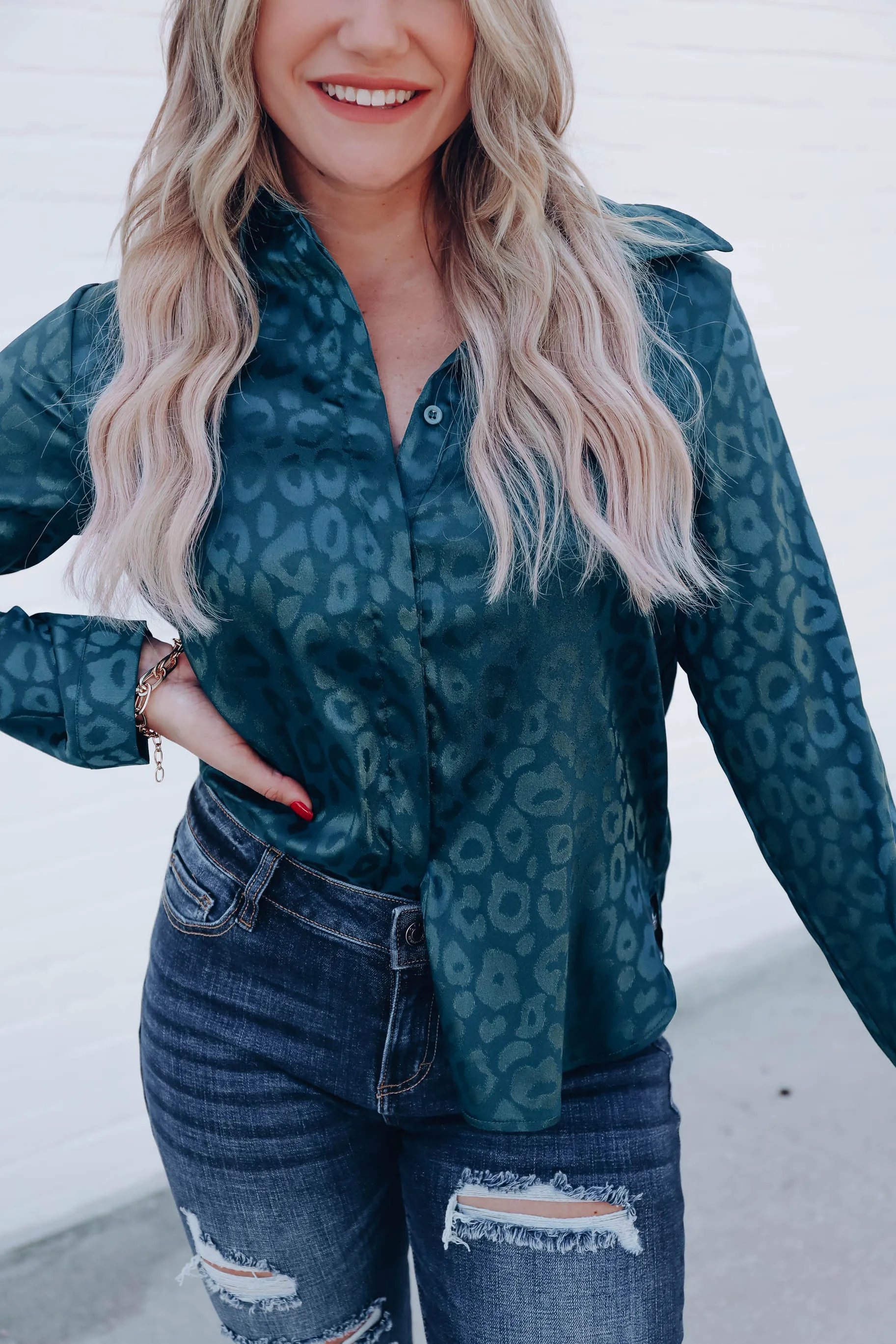 Micah Embossed Leopard Blouse - Green
