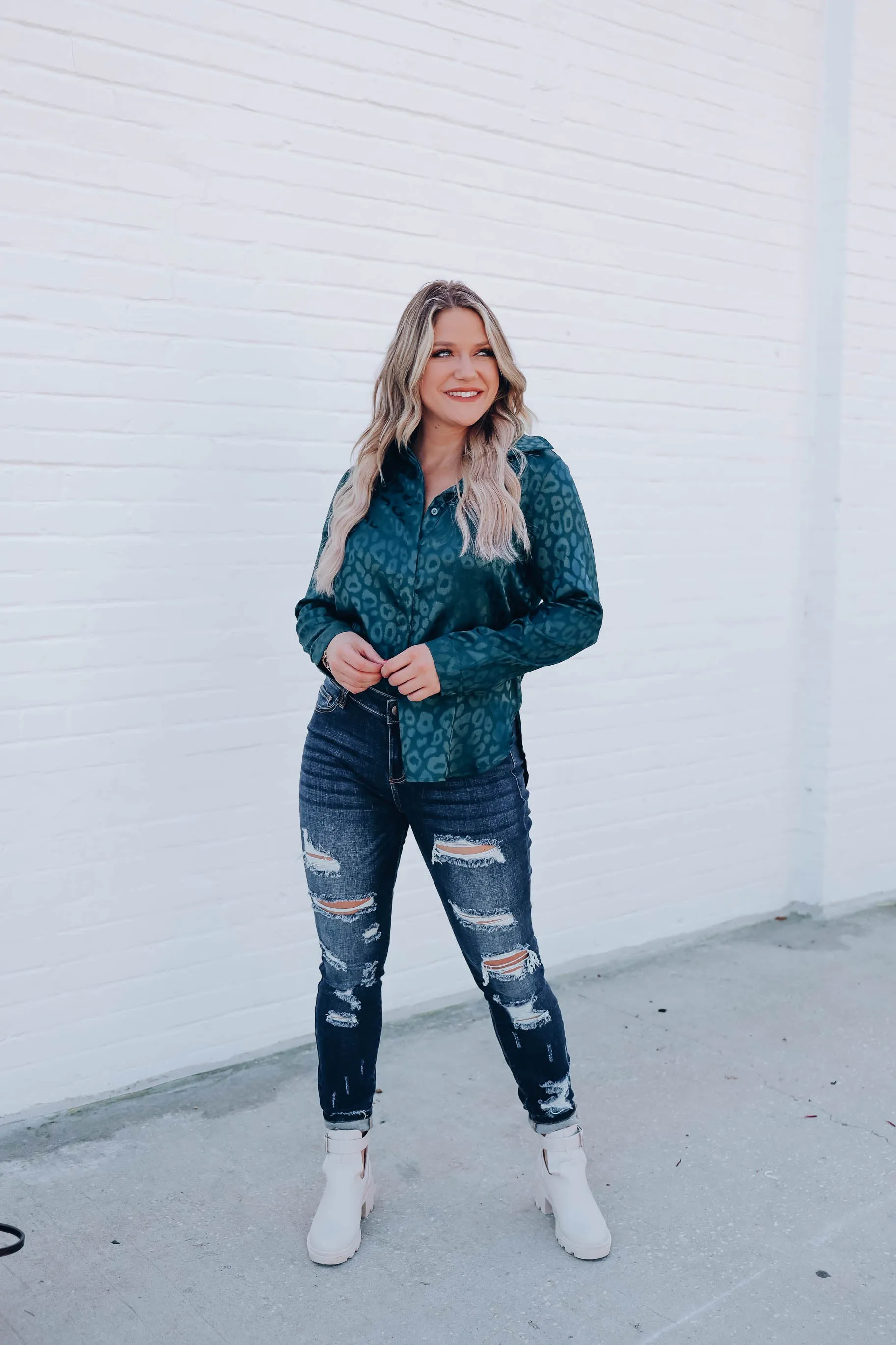 Micah Embossed Leopard Blouse - Green