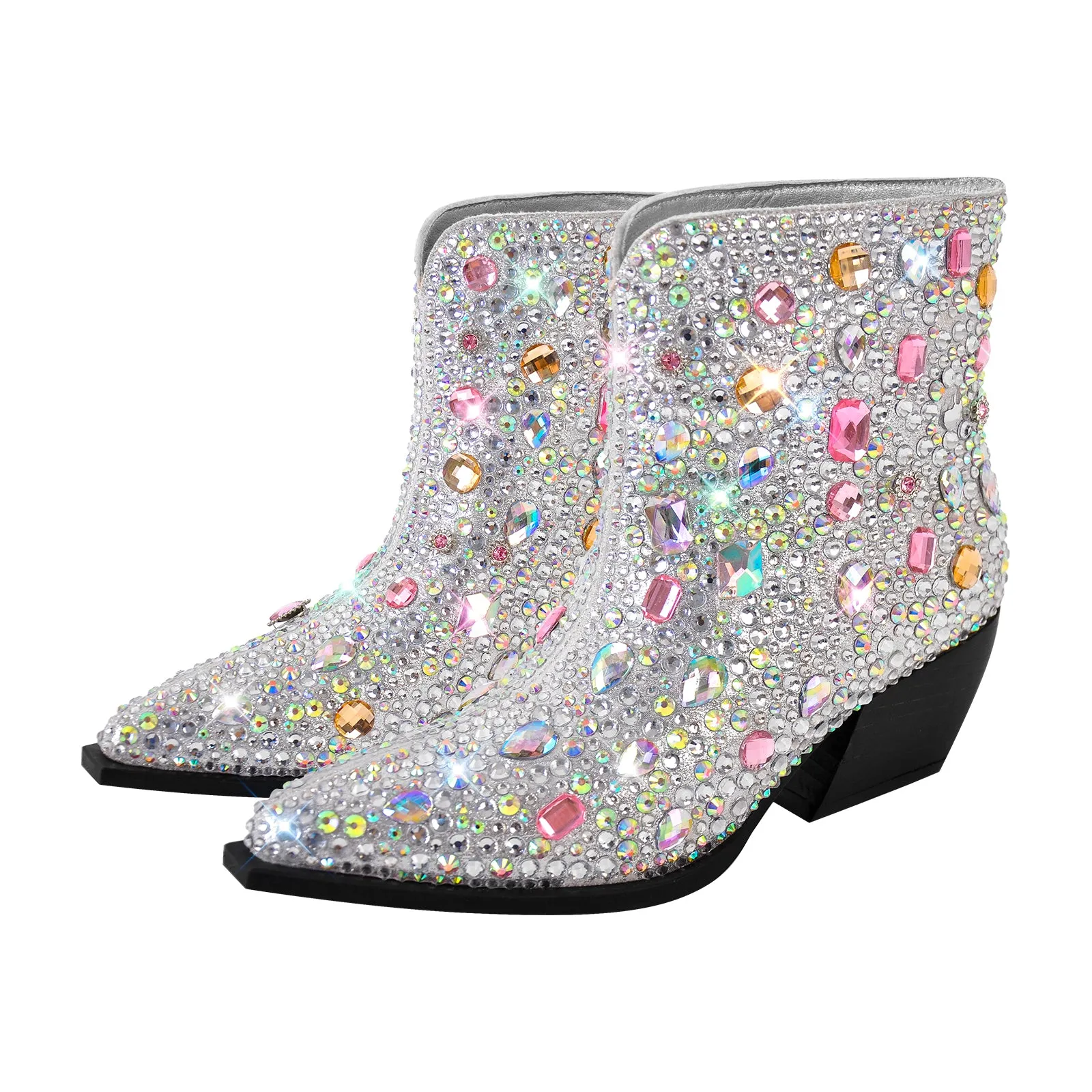 Multicolor Rhinestone Jewel Western Ankle Boots