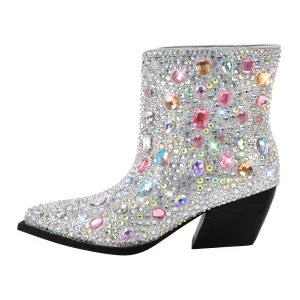 Multicolor Rhinestone Jewel Western Ankle Boots