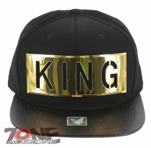 NEW! GOLD METAL KING PATCH FLAT LEATHER BILL SNAPBACK BASEBALL CAP HAT BLACK
