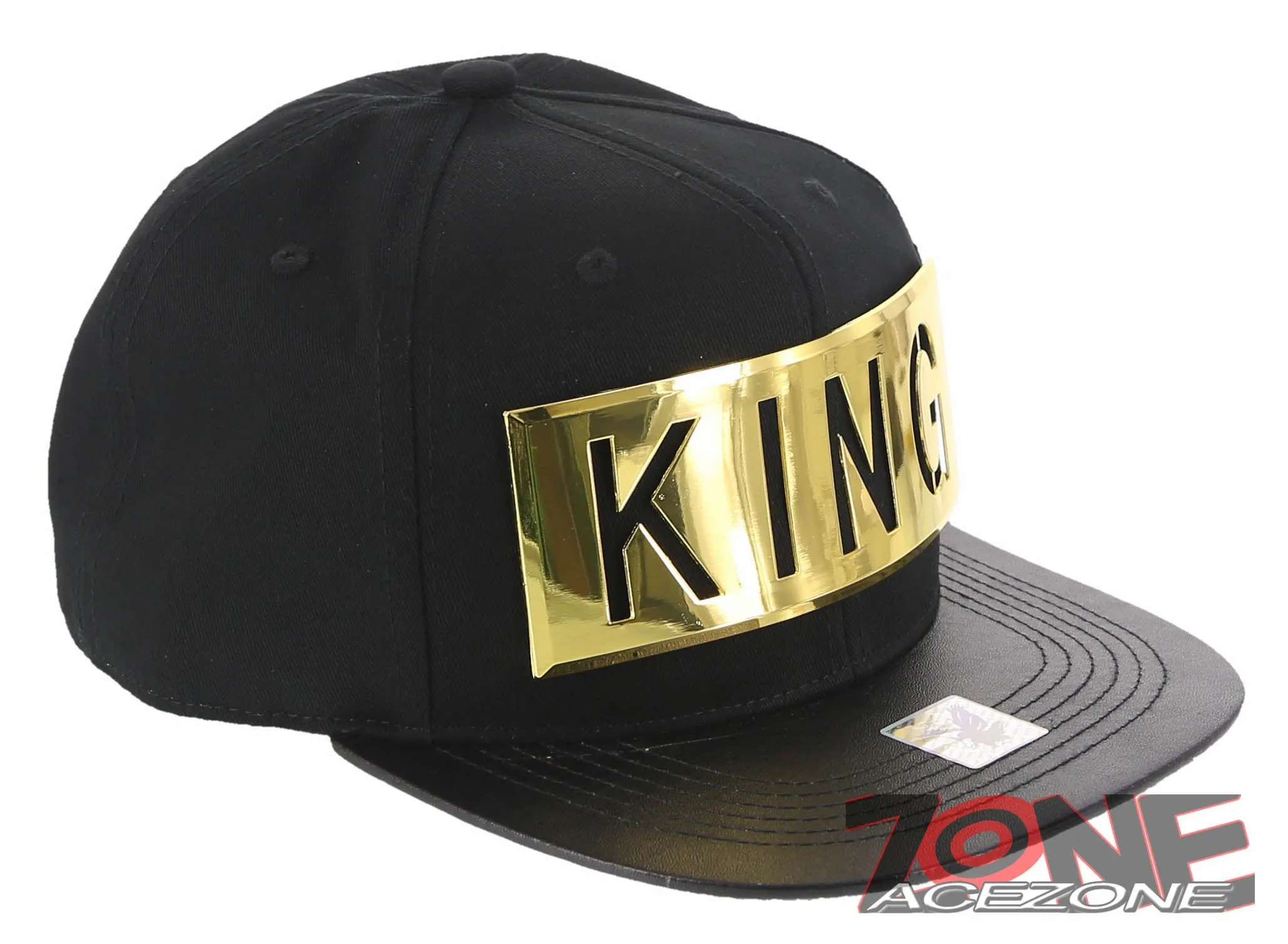 NEW! GOLD METAL KING PATCH FLAT LEATHER BILL SNAPBACK BASEBALL CAP HAT BLACK