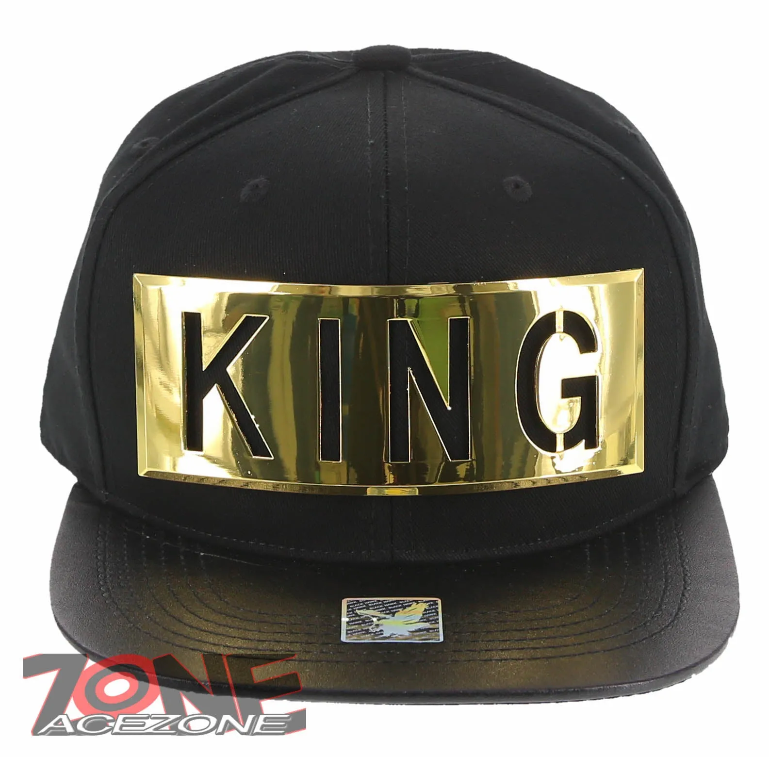NEW! GOLD METAL KING PATCH FLAT LEATHER BILL SNAPBACK BASEBALL CAP HAT BLACK