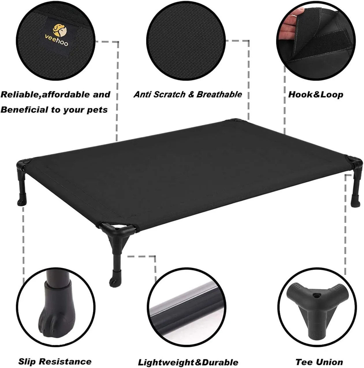 New GoLo Pet Cooling Elevated Dog Bed, Portable Raised Pet Cot with Washable & Breathable Mesh, No-Slip Rubber Feet for Indoor & Outdoor Use, Medium, Black, 32"X25"X7"H