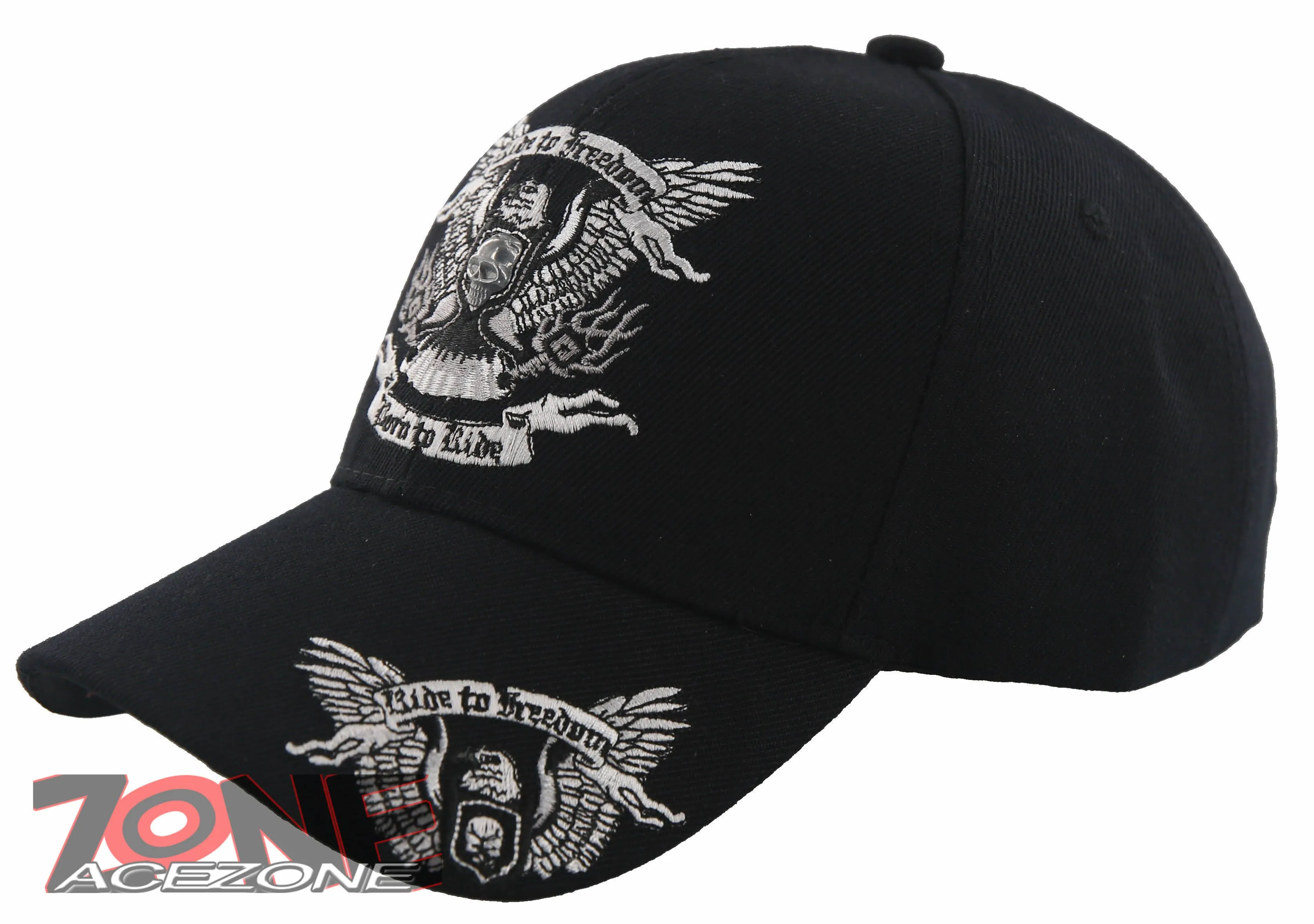 NEW! RIDE TO FREEDOM BORN TO RIDE MOTO EAGLE SKULL BALL CAP HAT BLACK