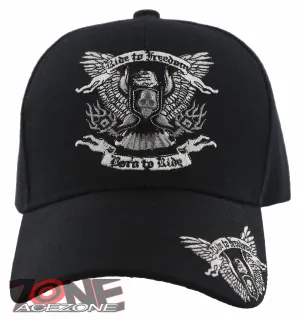NEW! RIDE TO FREEDOM BORN TO RIDE MOTO EAGLE SKULL BALL CAP HAT BLACK