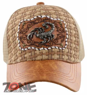 NEW! STRAW MESH METAL SCORPION FAUX LEATHER BALL CAP HAT TAN