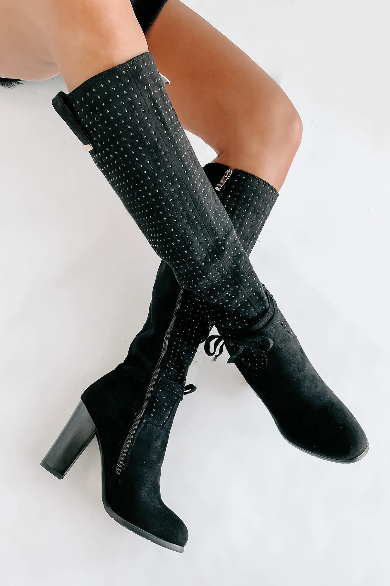 No Strings Attached Rhinestone Knee-High Boots (Black)