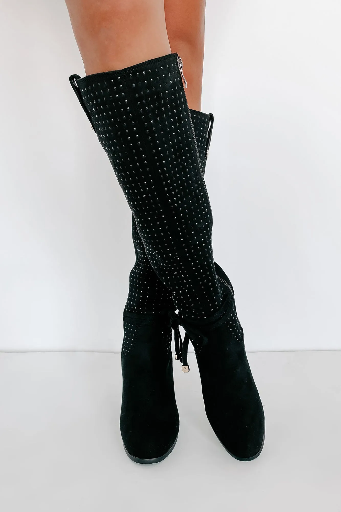 No Strings Attached Rhinestone Knee-High Boots (Black)