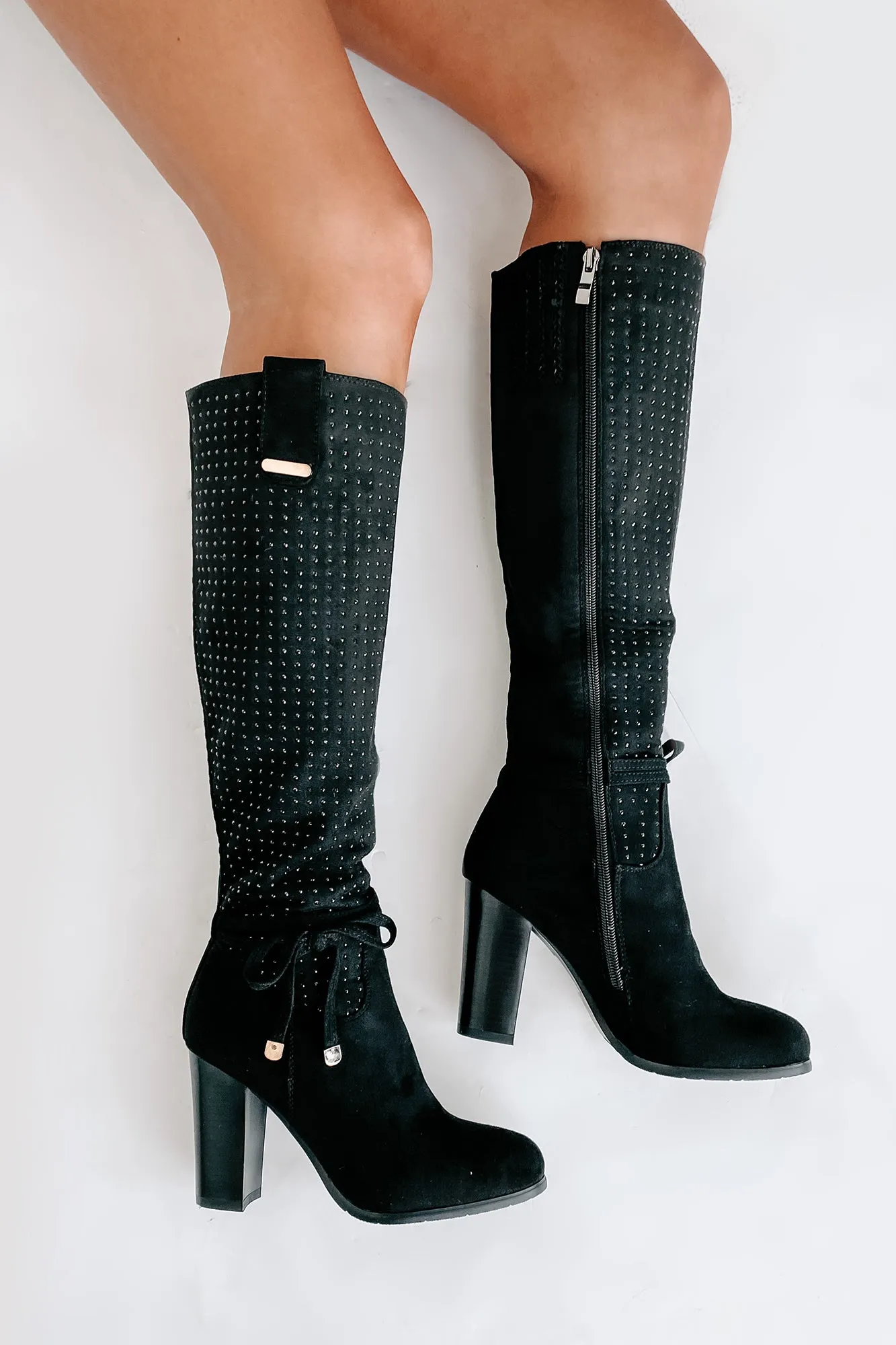 No Strings Attached Rhinestone Knee-High Boots (Black)