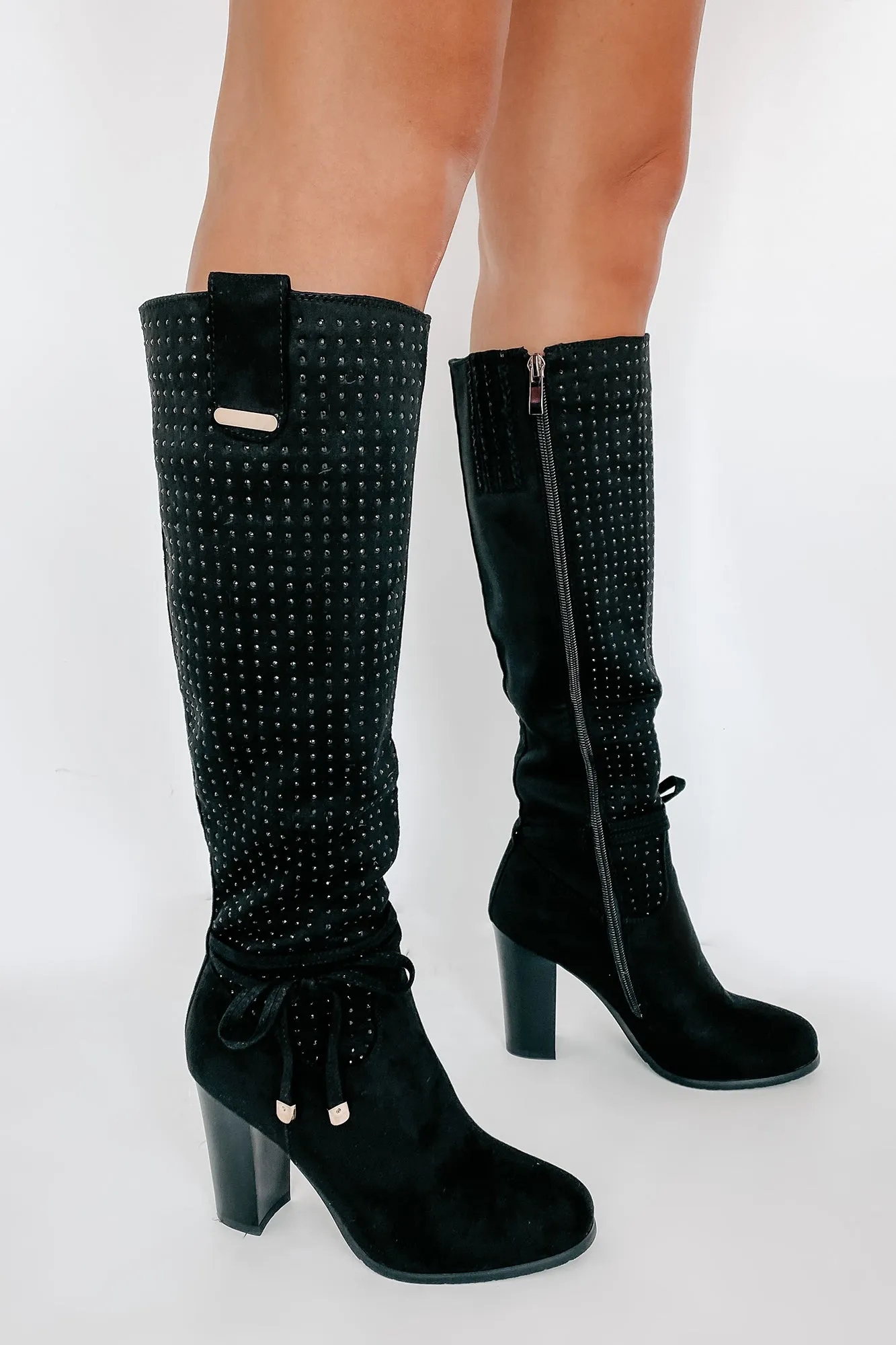 No Strings Attached Rhinestone Knee-High Boots (Black)
