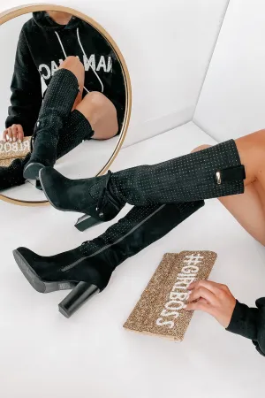 No Strings Attached Rhinestone Knee-High Boots (Black)