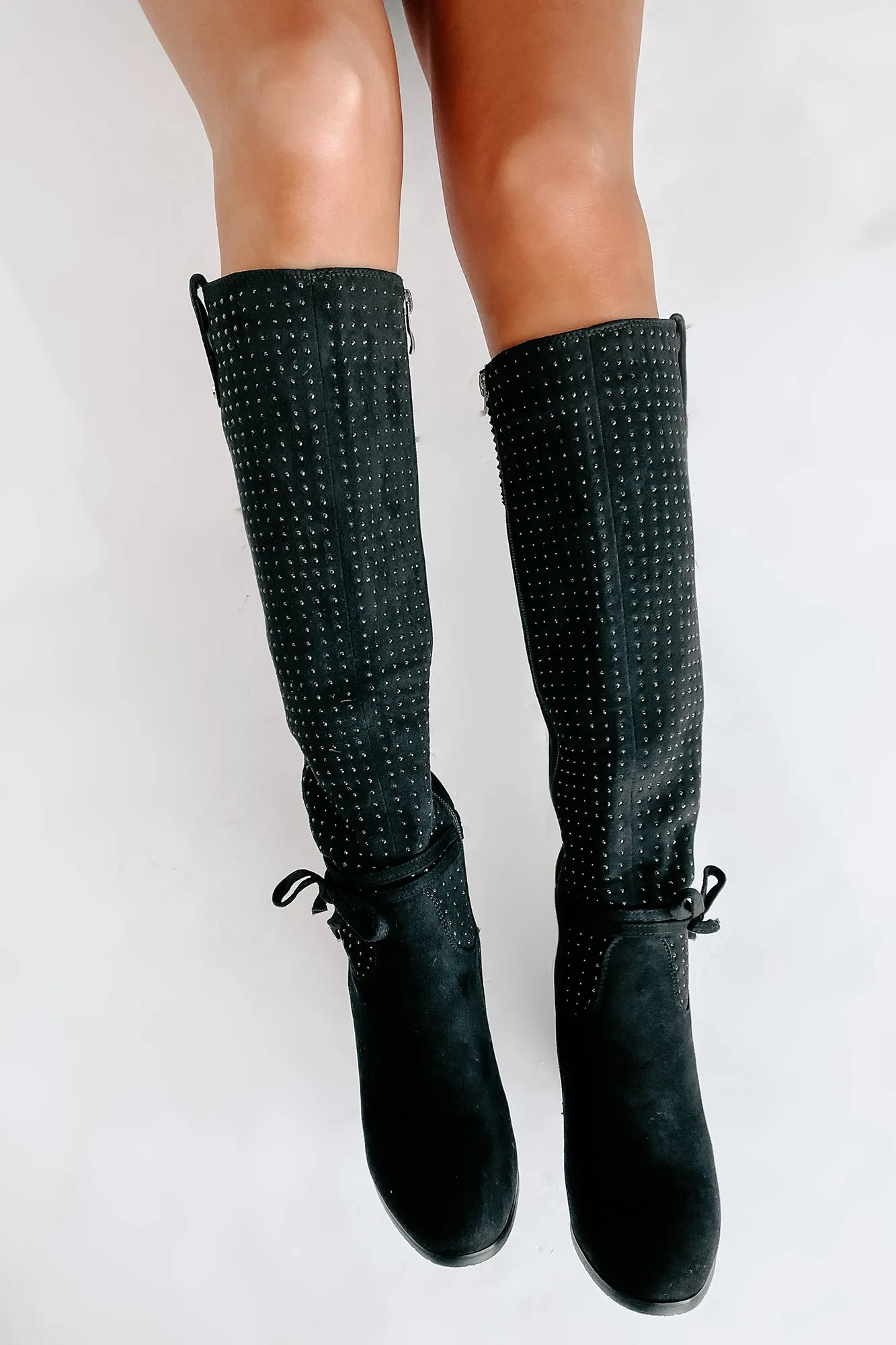 No Strings Attached Rhinestone Knee-High Boots (Black)