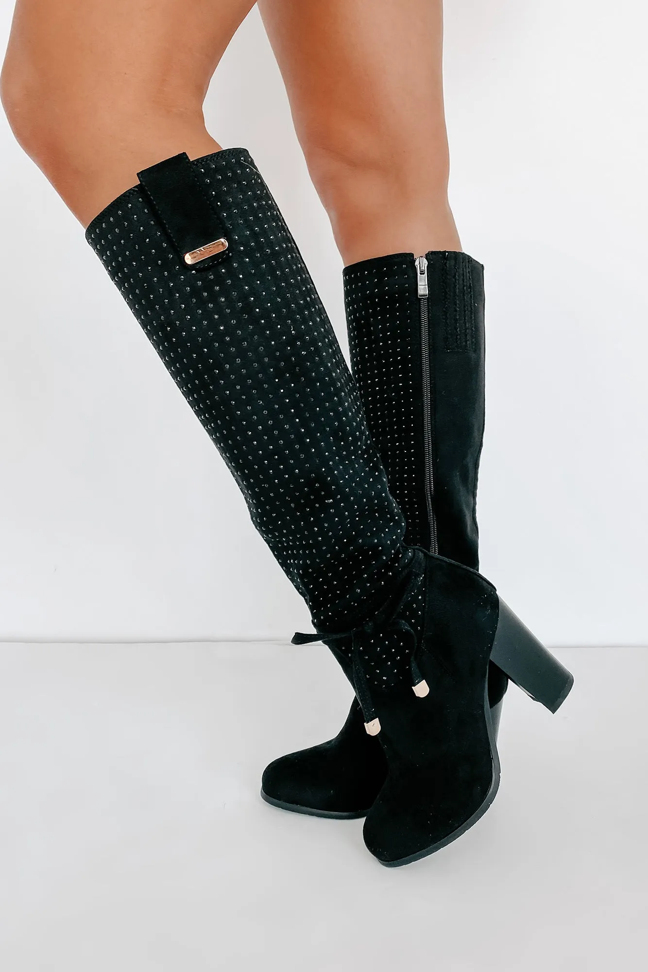 No Strings Attached Rhinestone Knee-High Boots (Black)