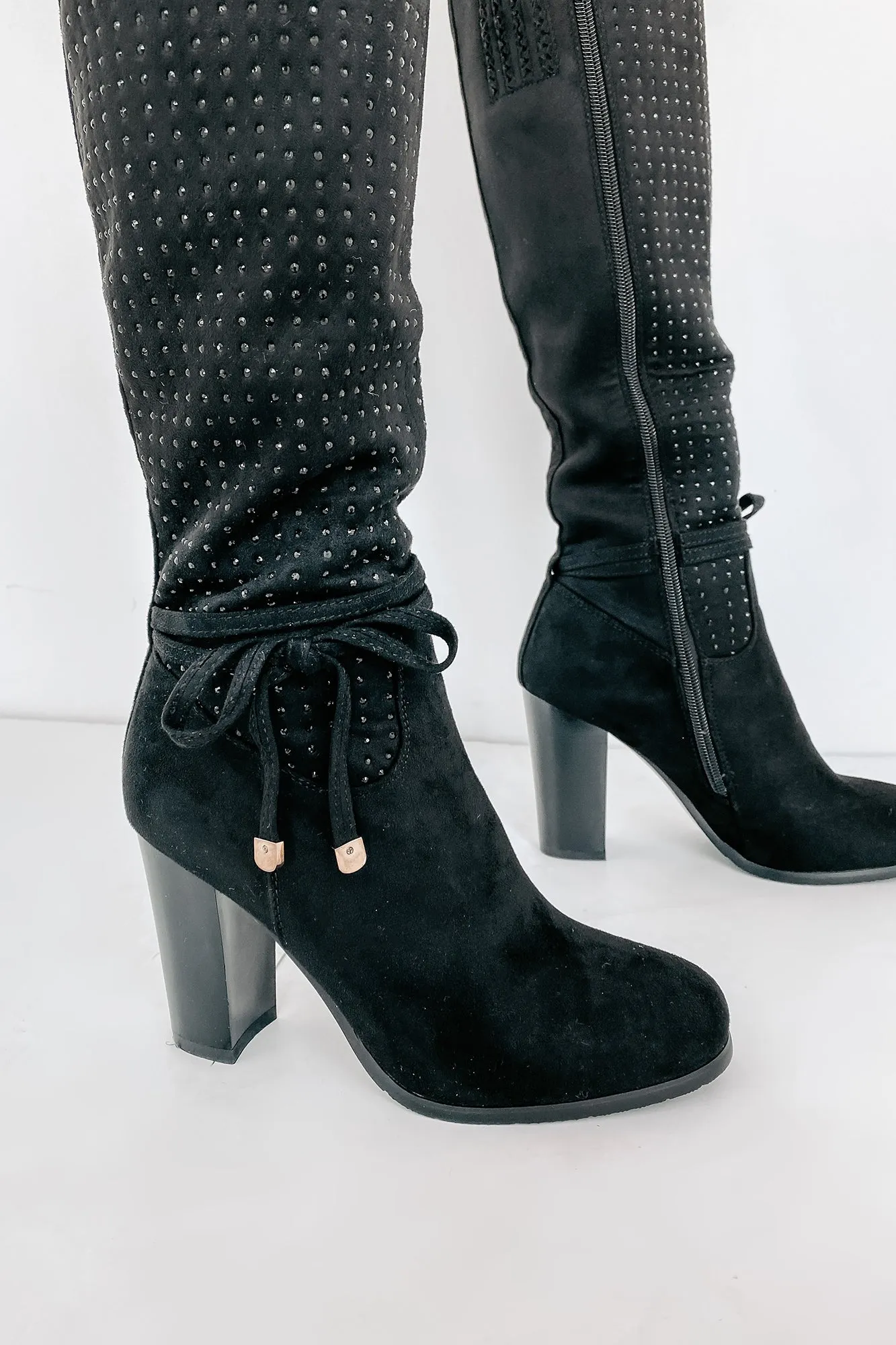 No Strings Attached Rhinestone Knee-High Boots (Black)