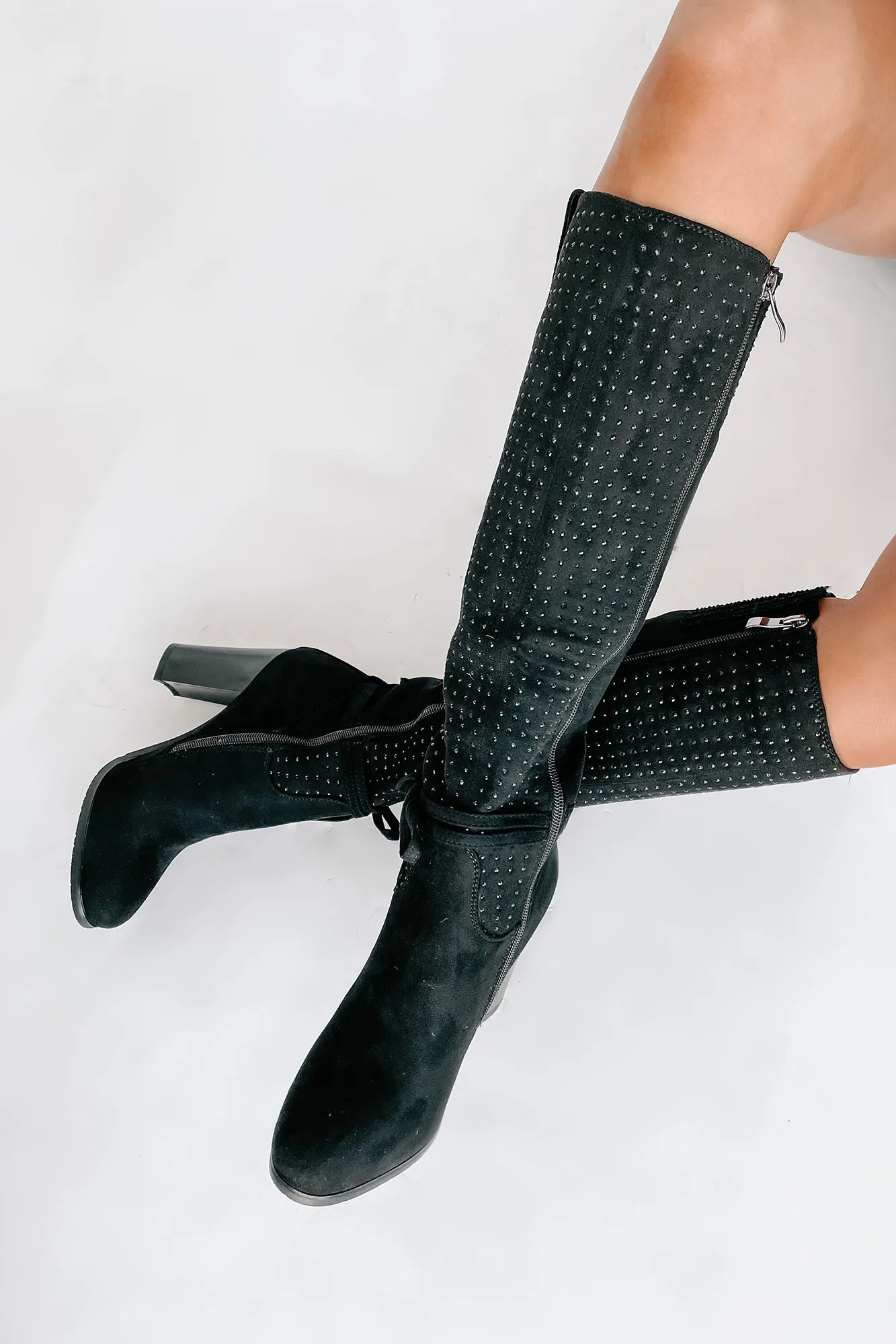 No Strings Attached Rhinestone Knee-High Boots (Black)