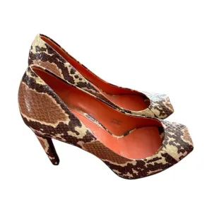 NWOT Via Spiga | Women’s brown/tan snakeskin print leather peep toe pumps, sz 7M