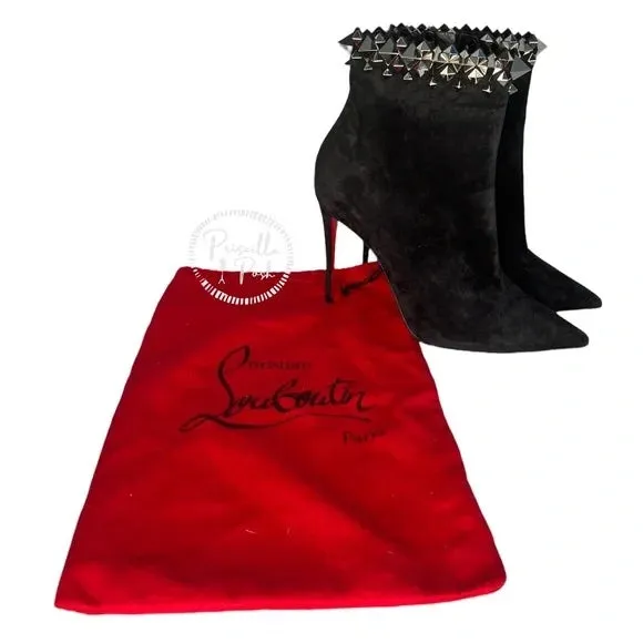 NWT Christian Louboutin Firmamma Suede Spike Red Sole Booties Black Ankle Boot 40