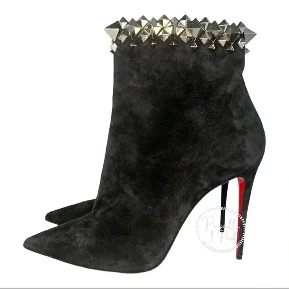 NWT Christian Louboutin Firmamma Suede Spike Red Sole Booties Black Ankle Boot 40