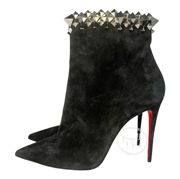 NWT Christian Louboutin Firmamma Suede Spike Red Sole Booties Black Ankle Boot 40