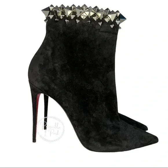NWT Christian Louboutin Firmamma Suede Spike Red Sole Booties Black Ankle Boot 40