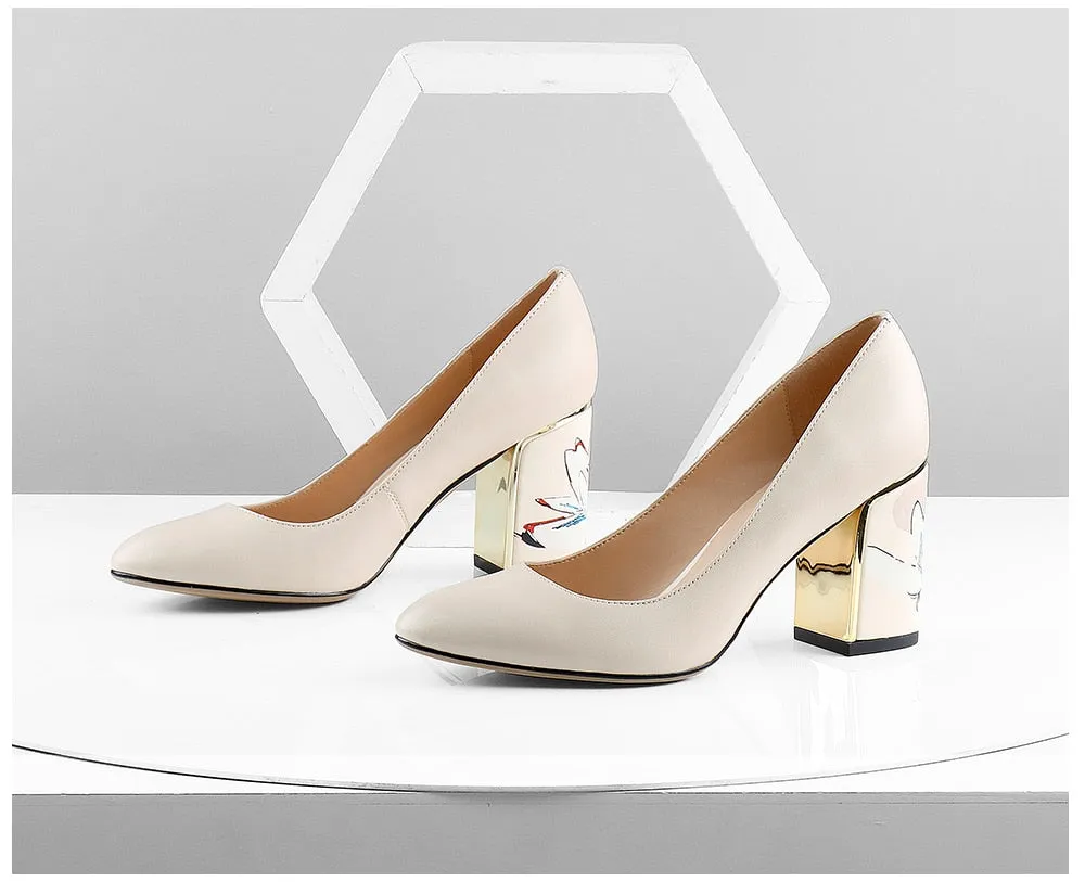 Party Women's Pumps Comfortable Unique Print Design Square Heel High Quality Genuine Leather Shoes Shallow Pumps