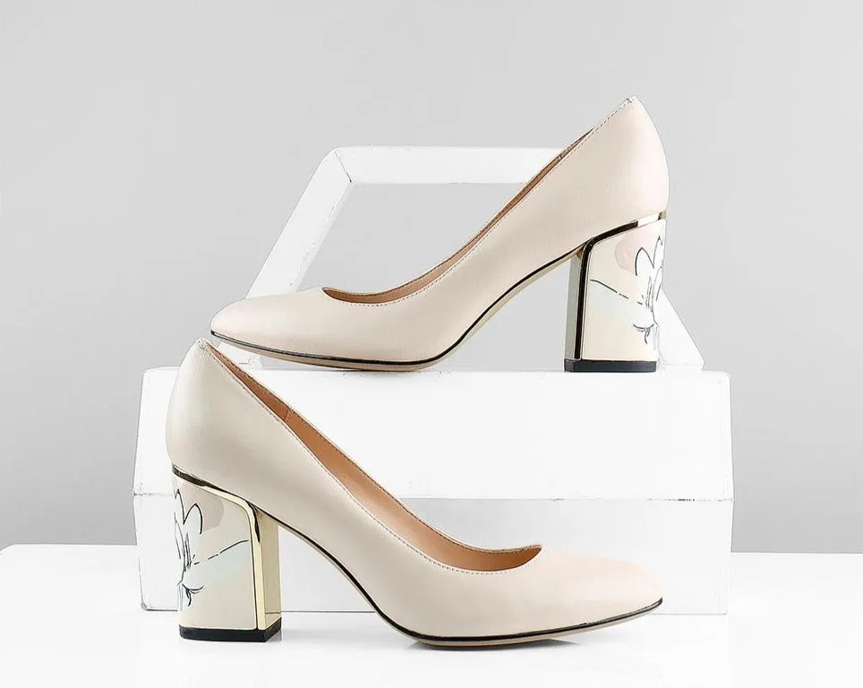 Party Women's Pumps Comfortable Unique Print Design Square Heel High Quality Genuine Leather Shoes Shallow Pumps