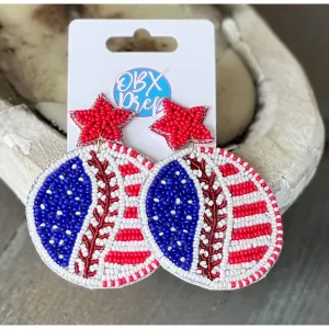 Patriotic Baseball Seed Beaded Earrings