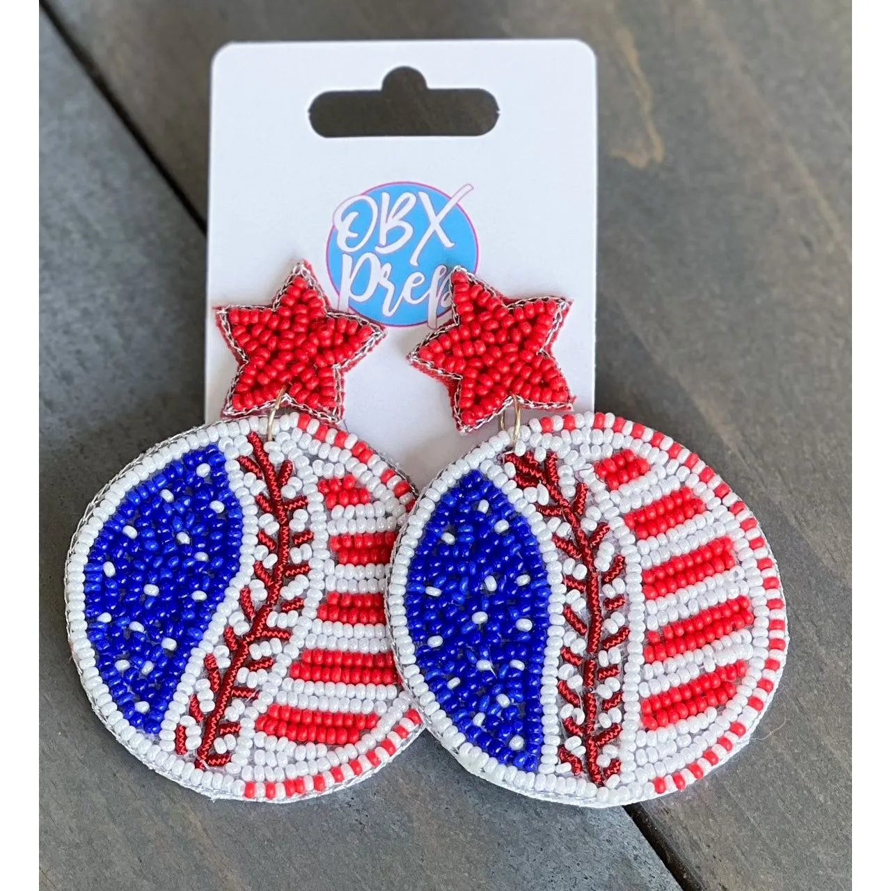 Patriotic Baseball Seed Beaded Earrings