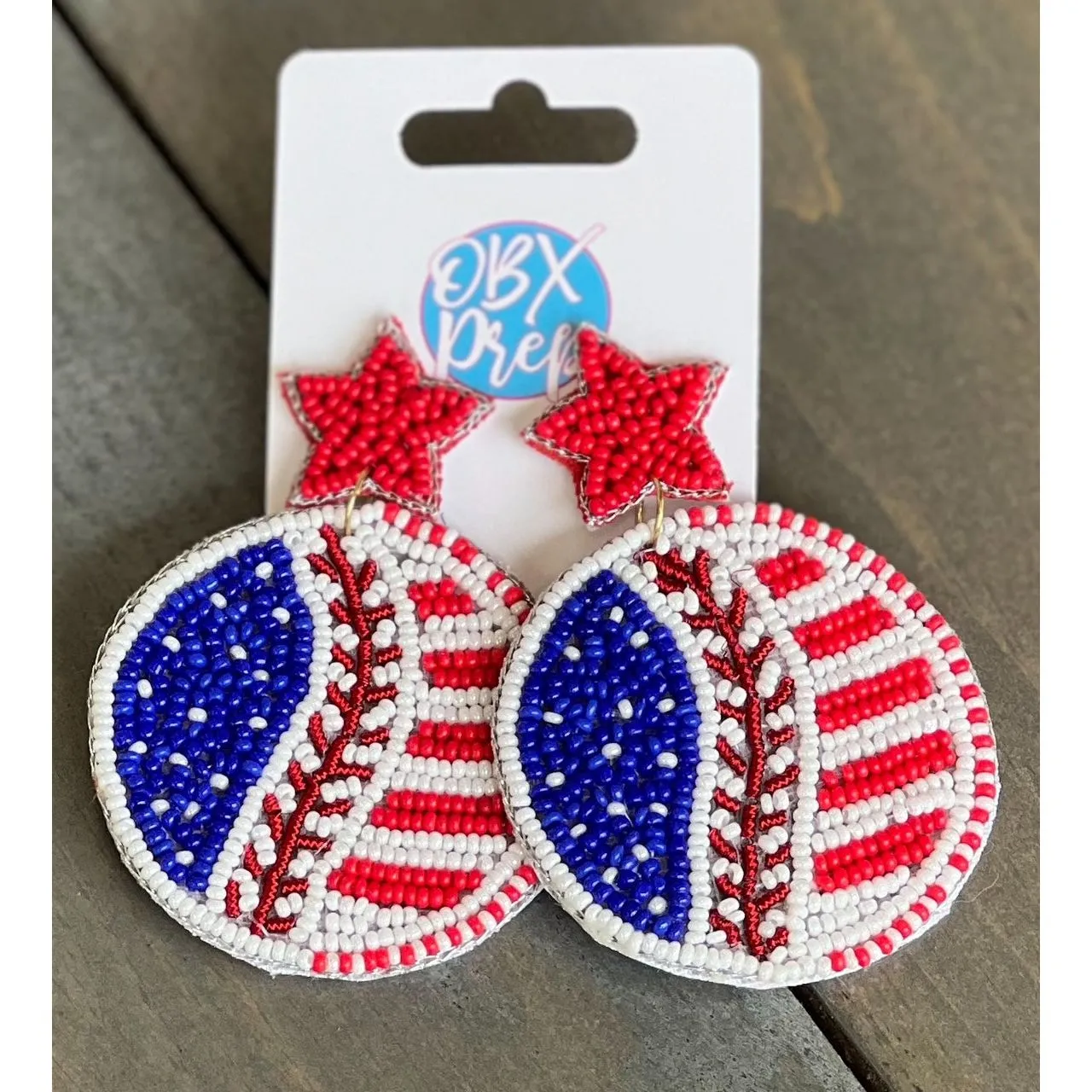 Patriotic Baseball Seed Beaded Earrings