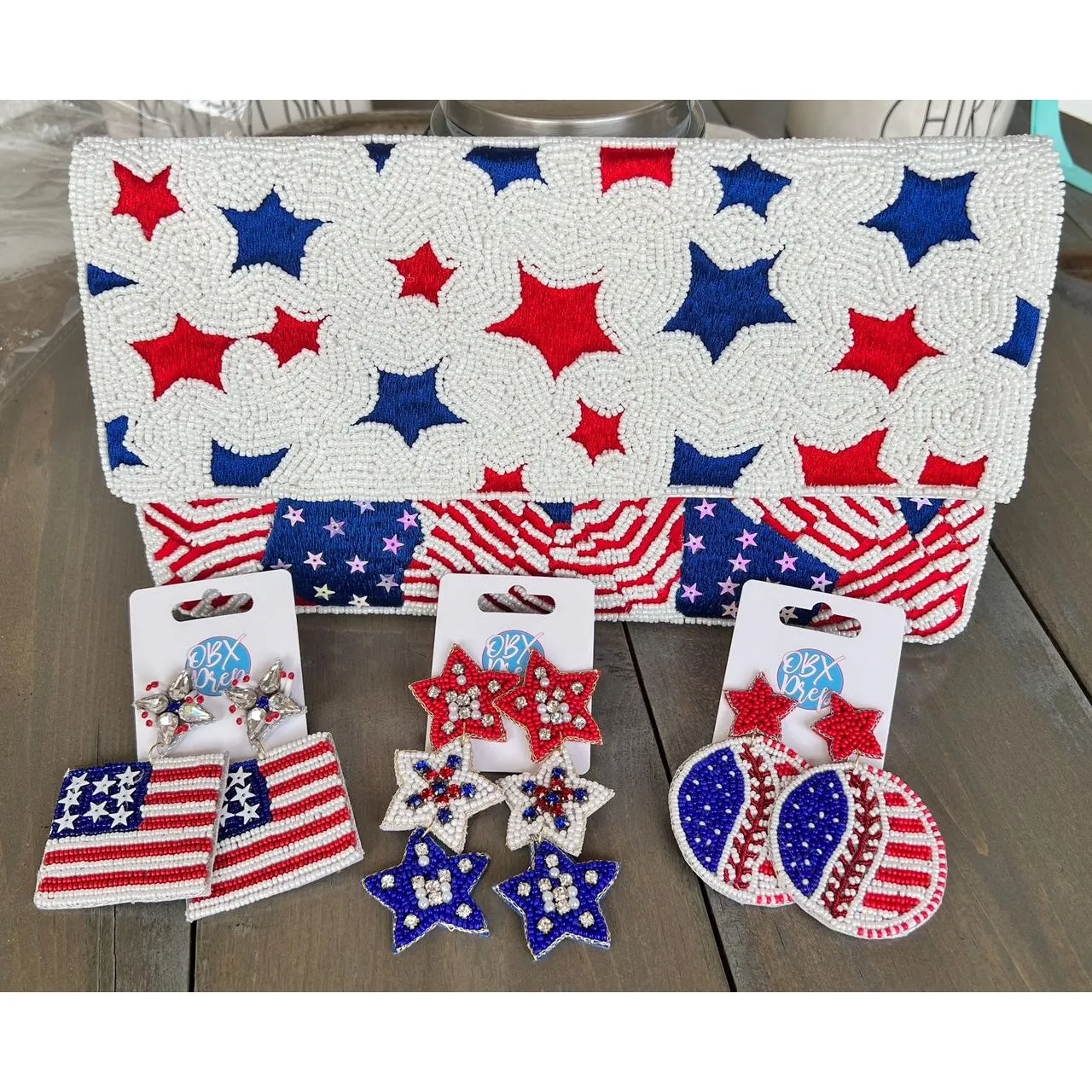 Patriotic Baseball Seed Beaded Earrings