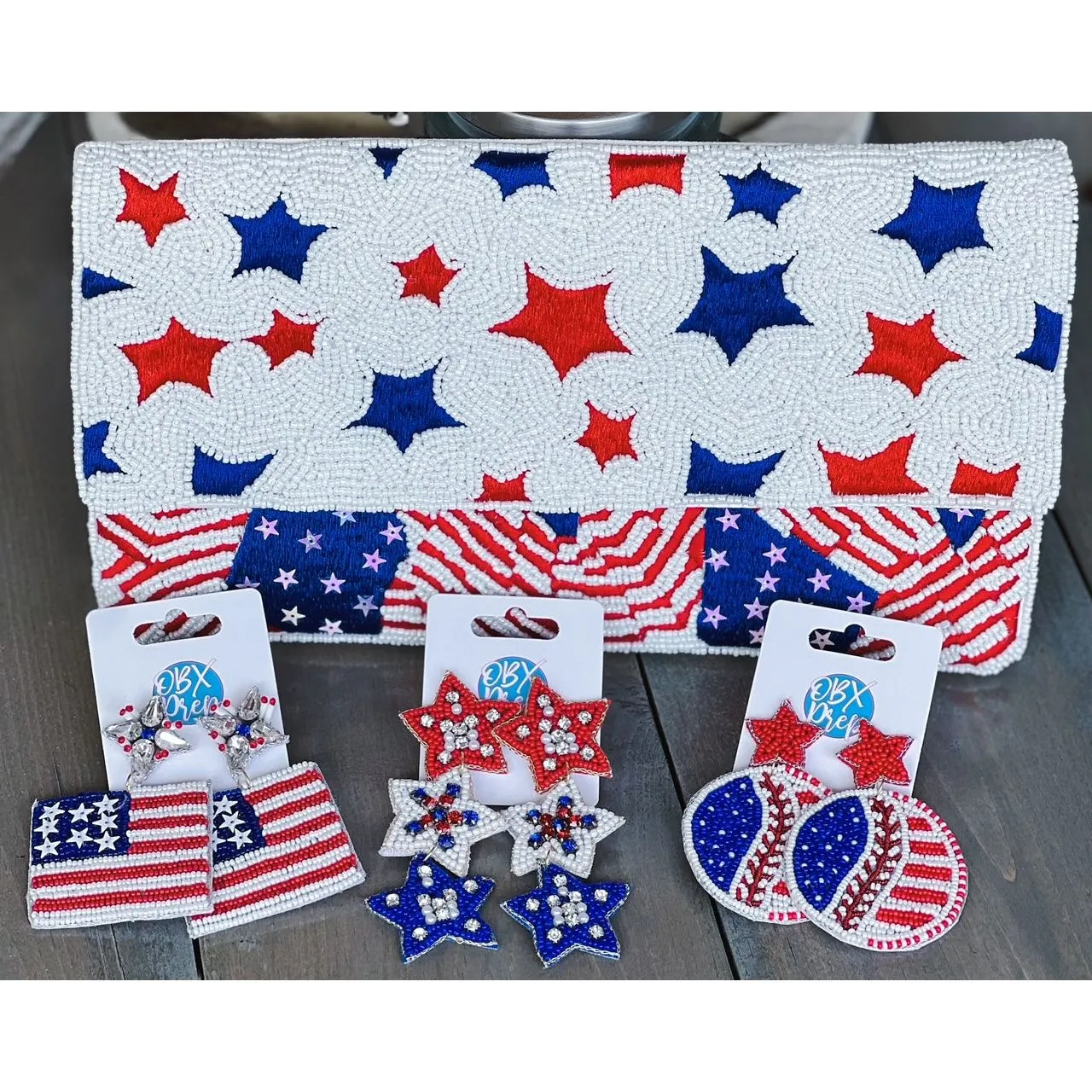 Patriotic Baseball Seed Beaded Earrings