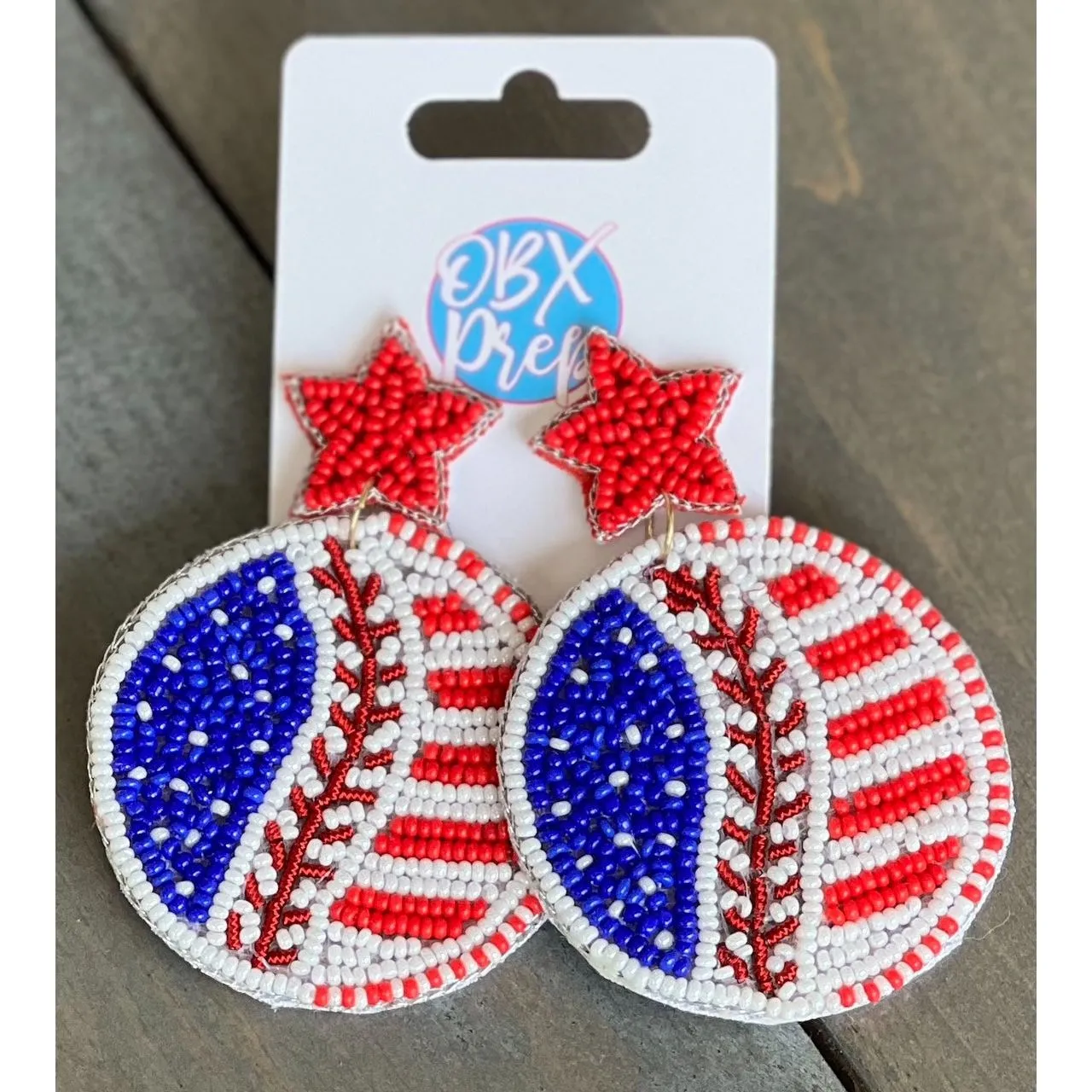 Patriotic Baseball Seed Beaded Earrings