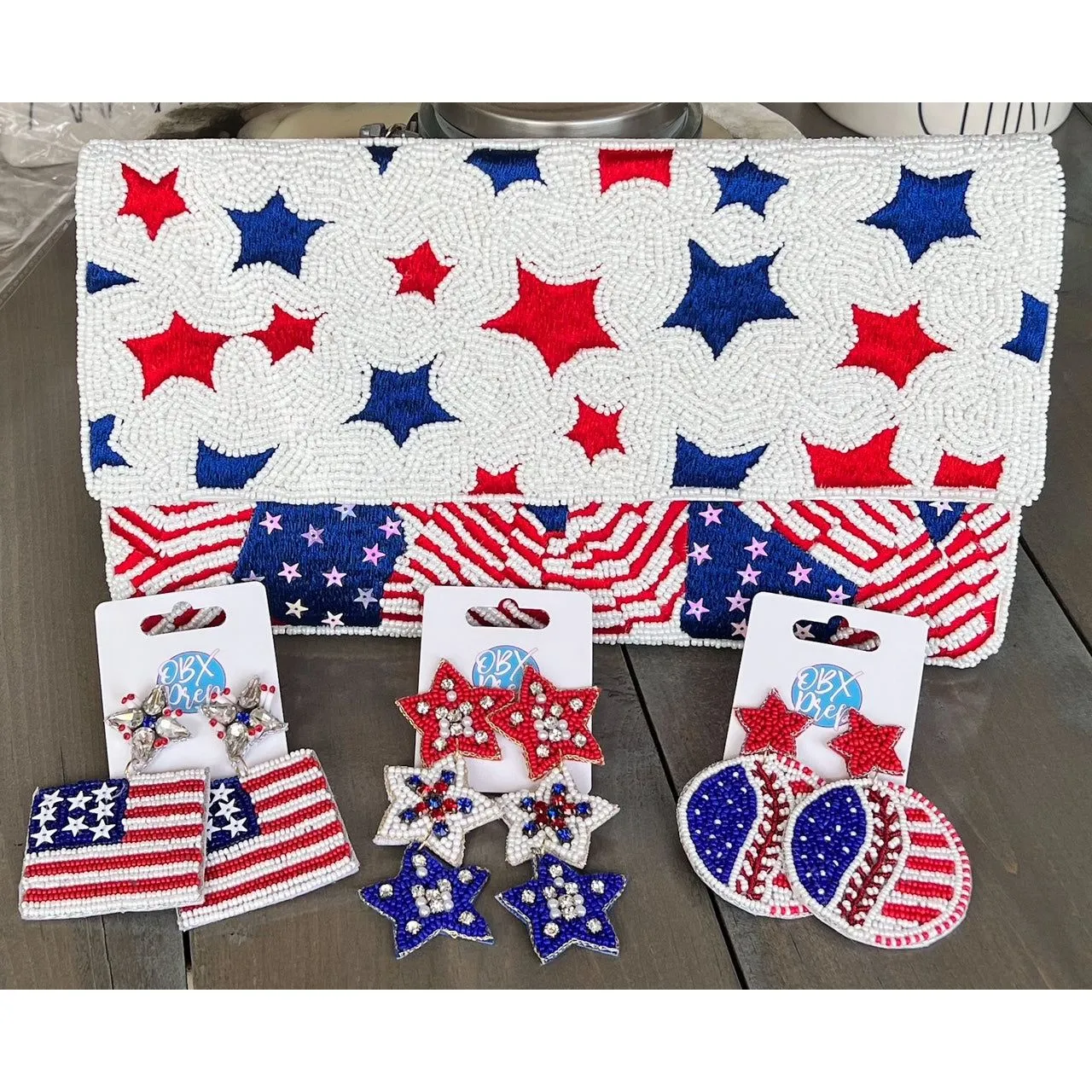 Patriotic Baseball Seed Beaded Earrings