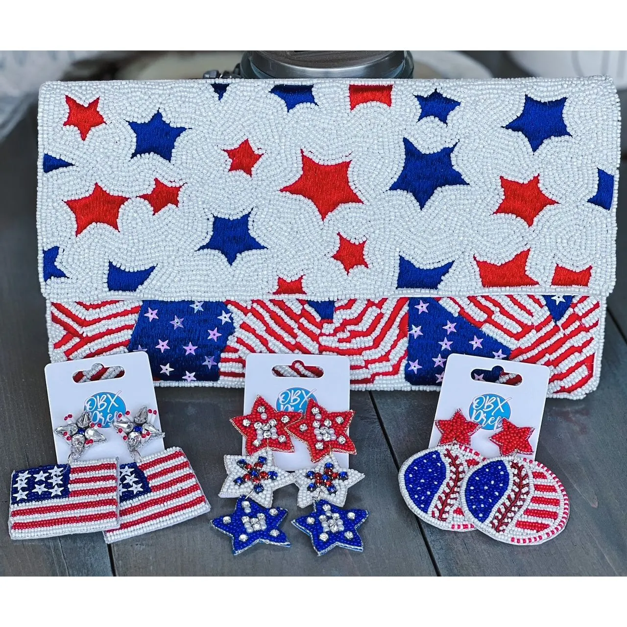 Patriotic Baseball Seed Beaded Earrings