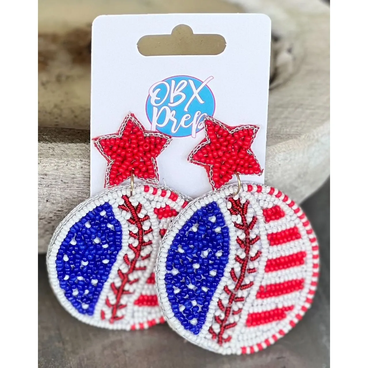 Patriotic Baseball Seed Beaded Earrings