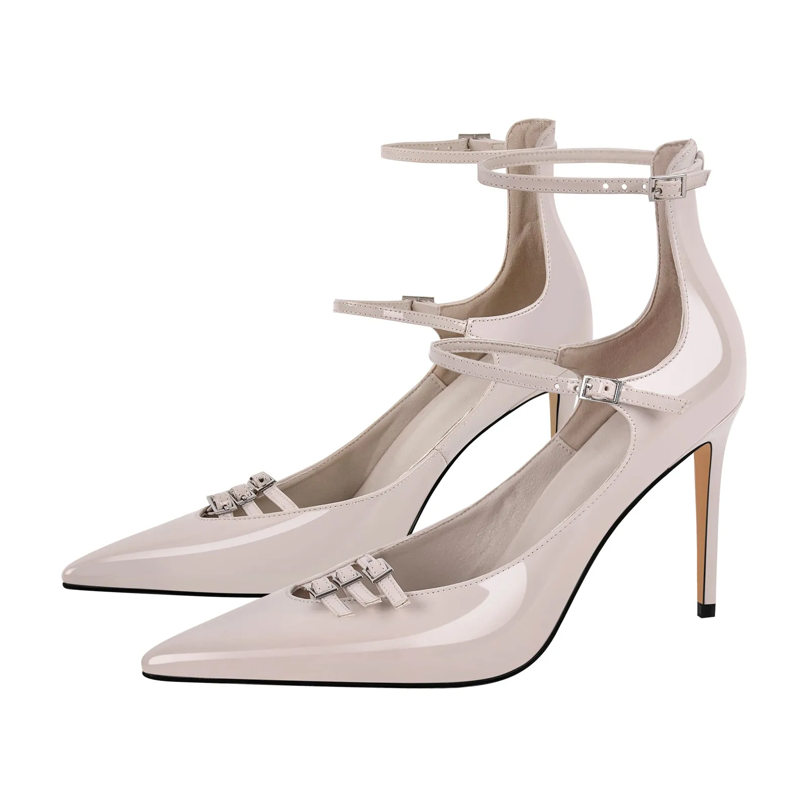 Pointed Toe Multi-Buckle Ankle Strap Stiletto Pumps