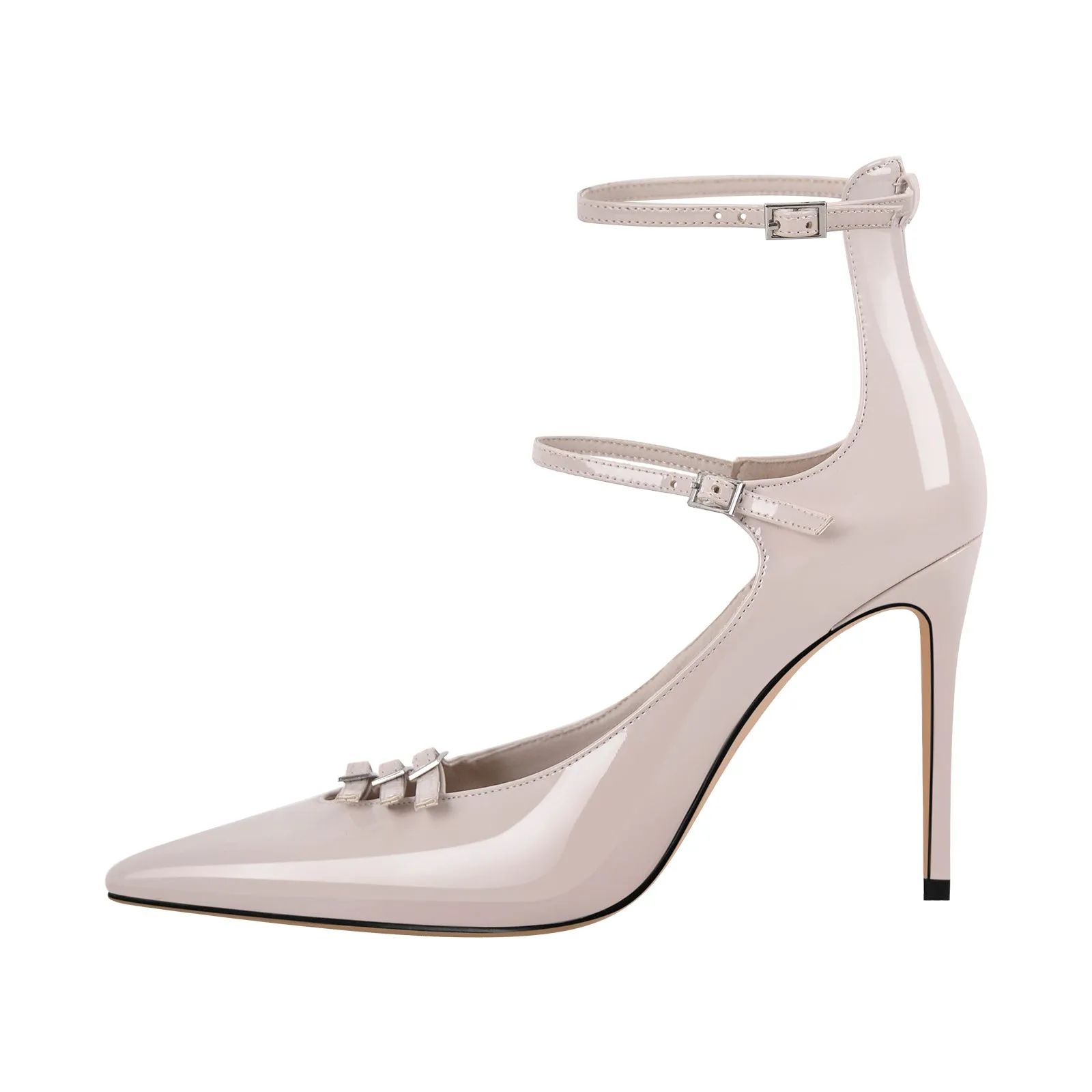 Pointed Toe Multi-Buckle Ankle Strap Stiletto Pumps