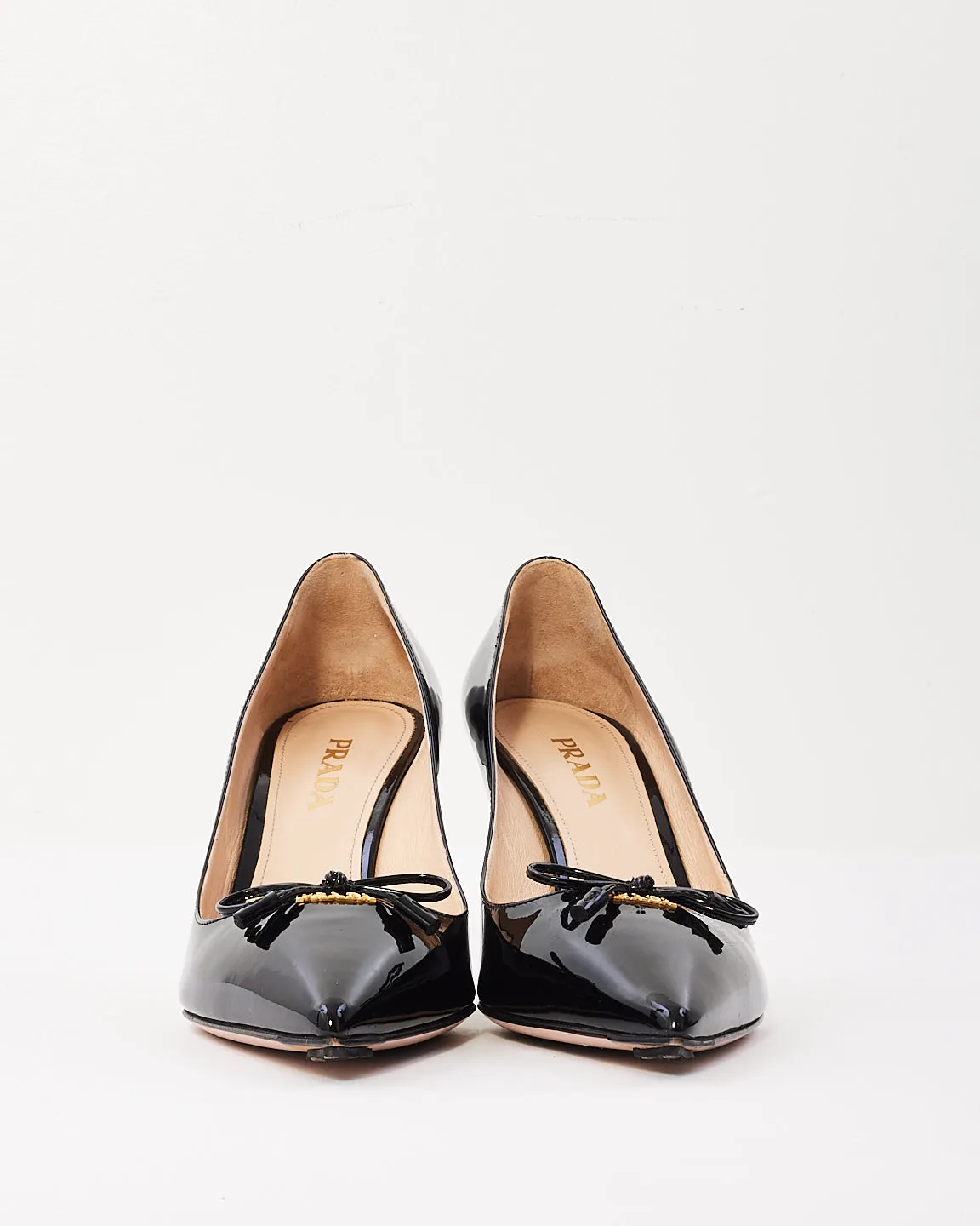Prada Black Patent Leather Logo Bow Pointed Toe Pumps - 39