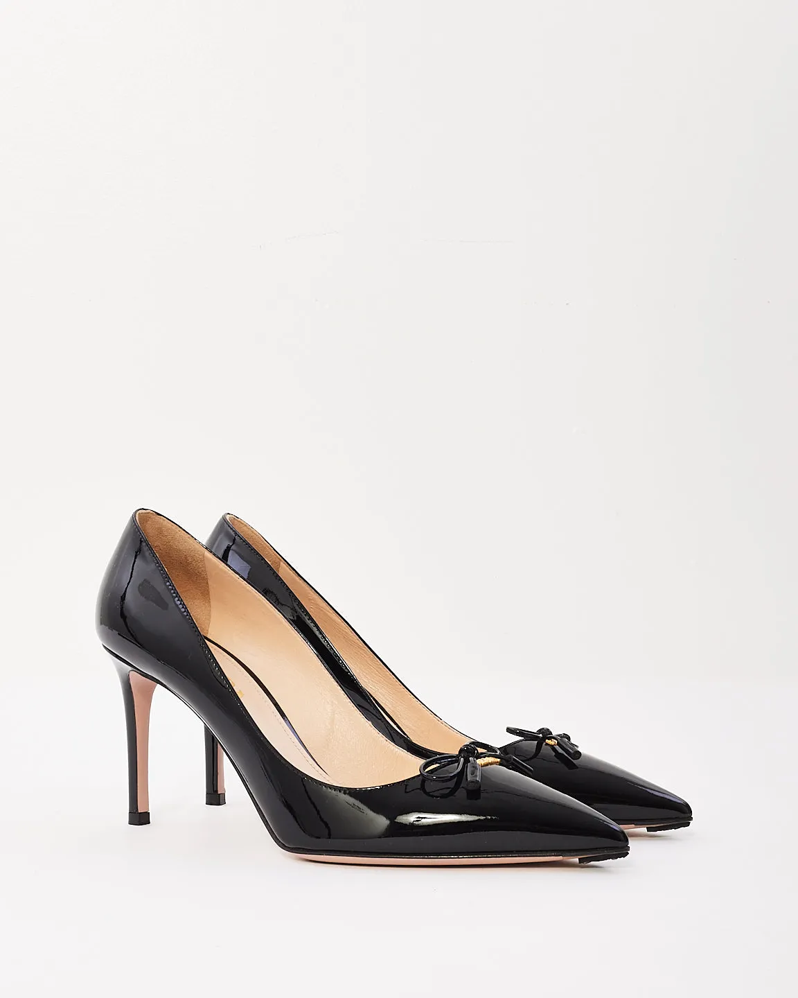 Prada Black Patent Leather Logo Bow Pointed Toe Pumps - 39