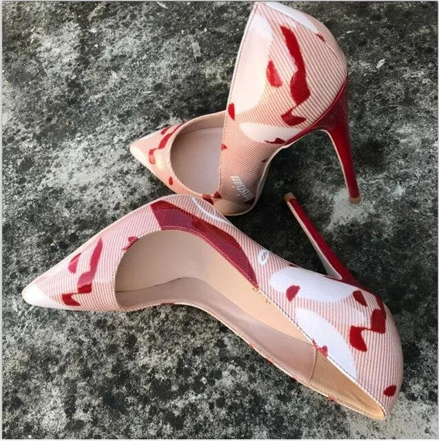 Red Printed Patent High Heel Shoes Woman 12cm Sexy Pumps Shoes  Pointed Toe Slip-on Shoes Night Club Wearing Pigalle