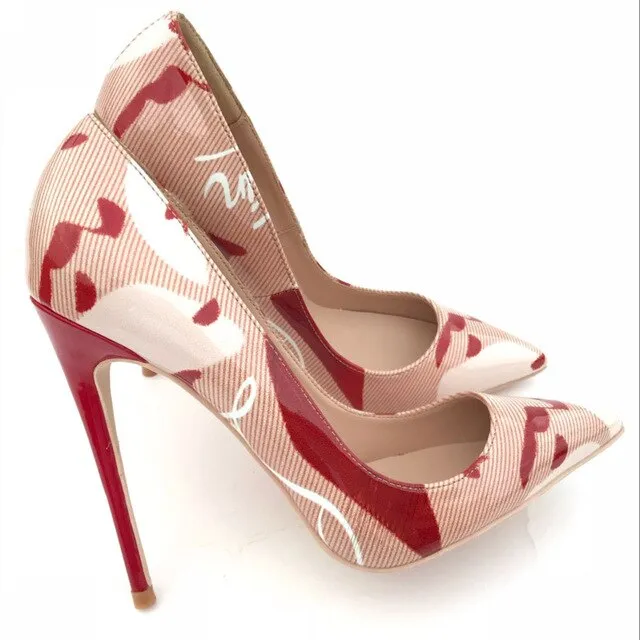 Red Printed Patent High Heel Shoes Woman 12cm Sexy Pumps Shoes  Pointed Toe Slip-on Shoes Night Club Wearing Pigalle