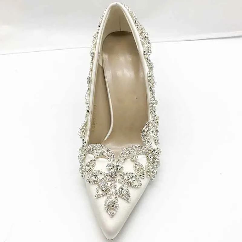 sd-hk Satin Silk Shoes Bride Clear Heels Crystal Pumps Prom Party Wear