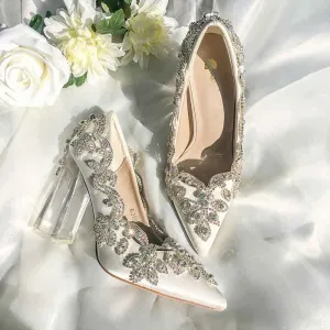 sd-hk Satin Silk Shoes Bride Clear Heels Crystal Pumps Prom Party Wear