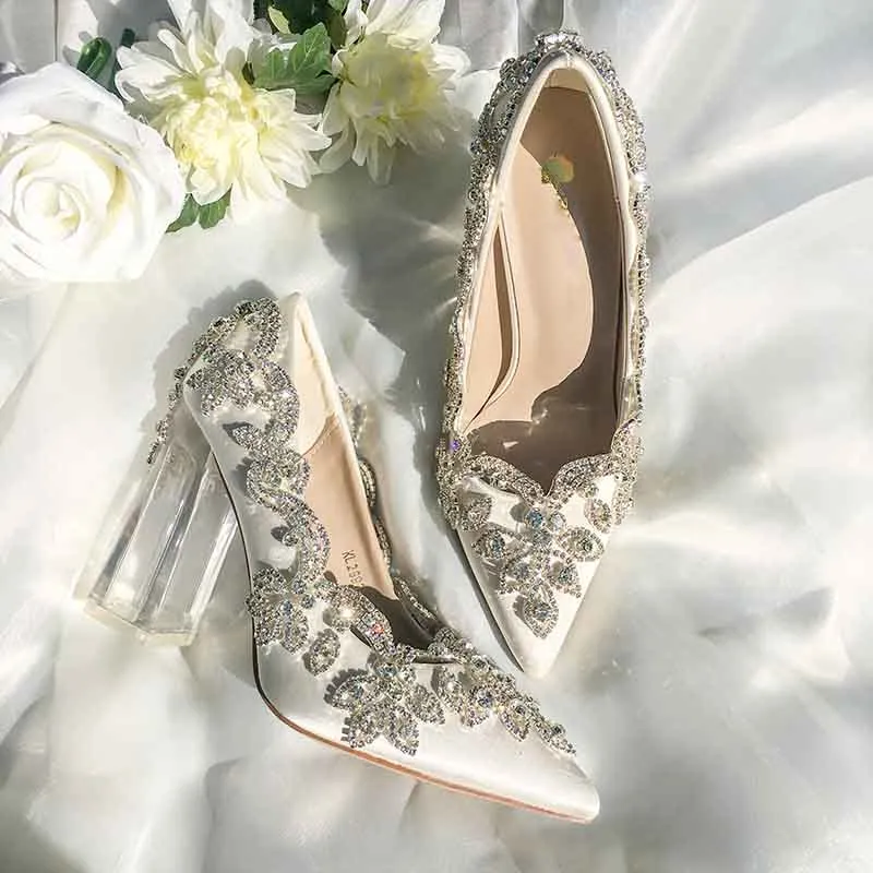 sd-hk Satin Silk Shoes Bride Clear Heels Crystal Pumps Prom Party Wear